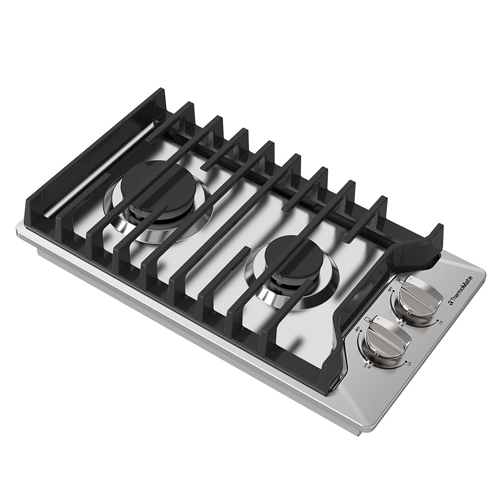 12 Inch Gas Cooktop, ThermoMate Heavy Built In Gas Rangetop with 2 High Efficiency SABAF Burners