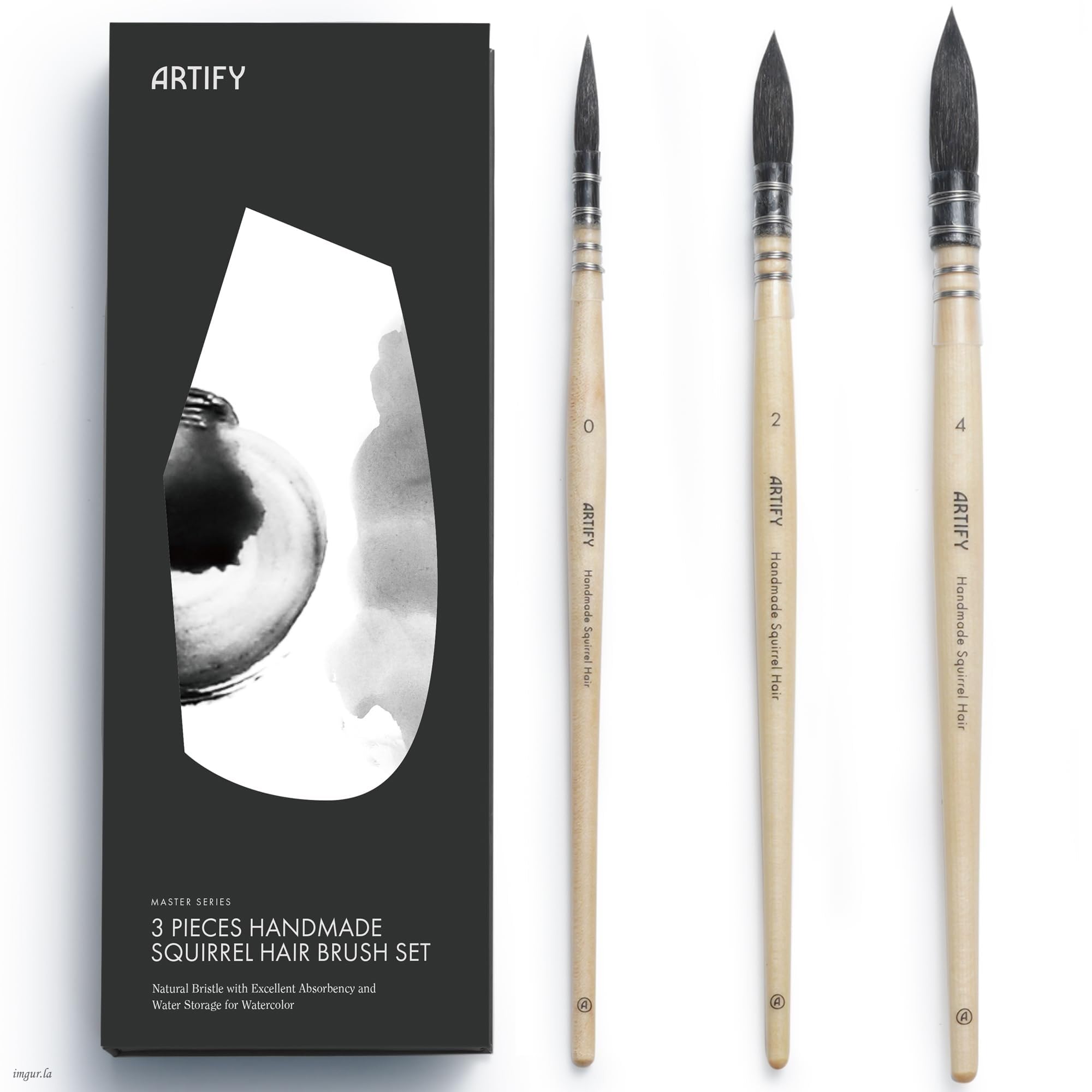 ARTIFY 3PCS Professional Natural Squirrel Hair Quill Round Fine Tip Detail Watercolor Brush Set