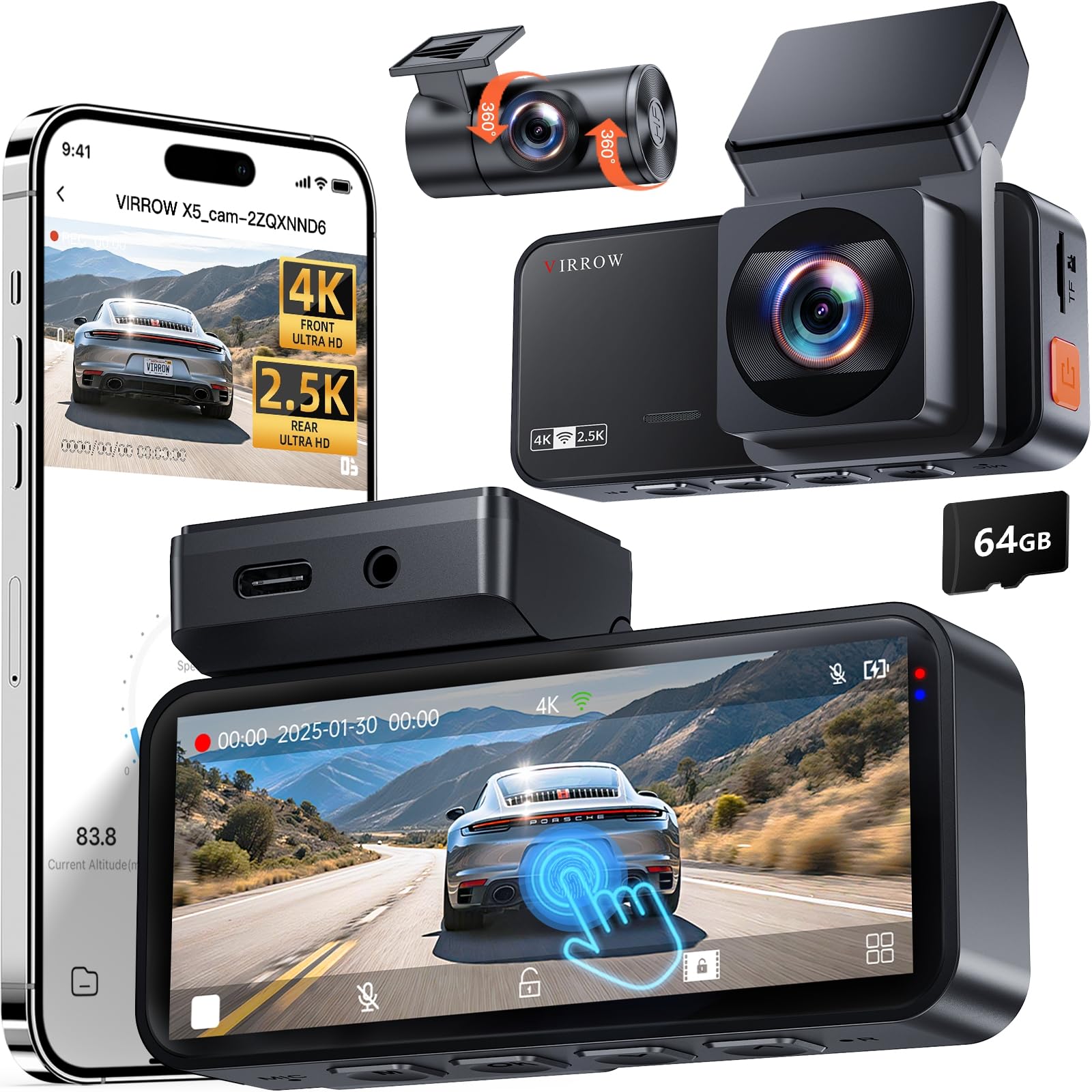 Dash Cam Front and Rear: 4K+2.5K Dash Camera for Cars with Touch Screen 3.39"