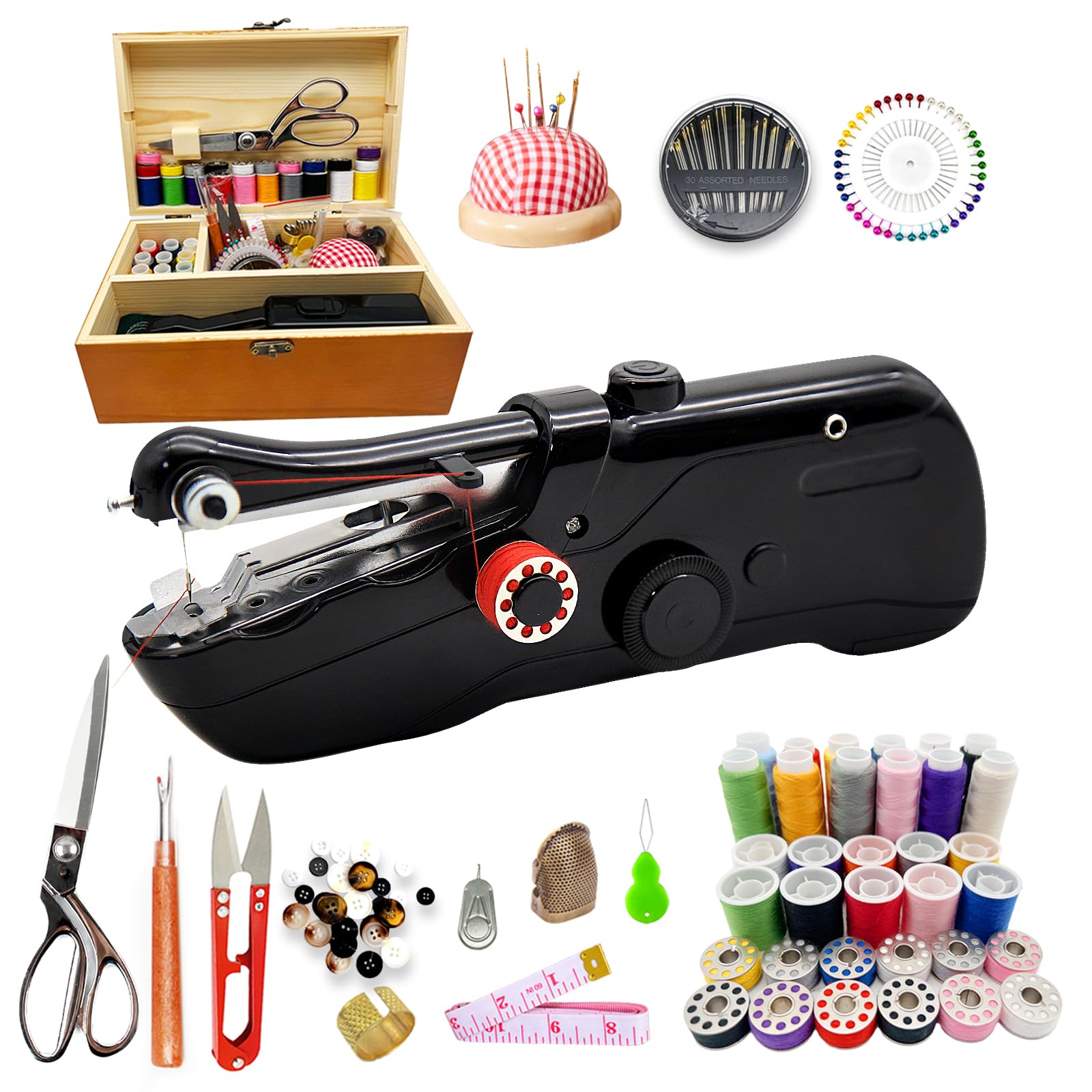 Handheld Sewing Machine with Exquisite Wooden Storage Box & 142-Piece Sewing Kit
