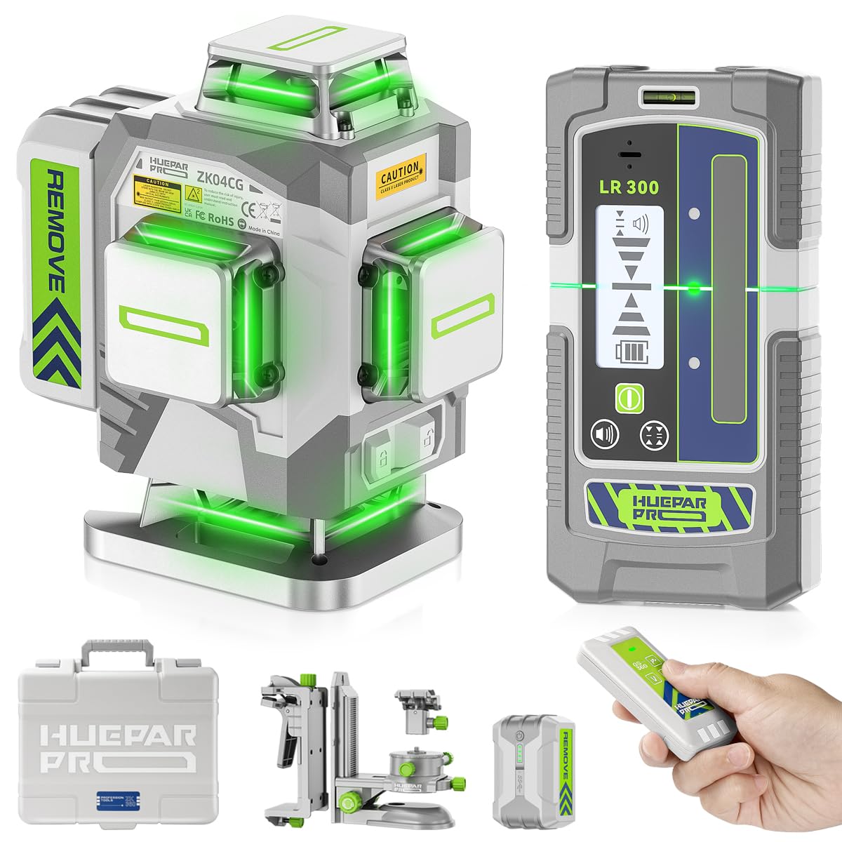Huepar Pro ZK04CG 4D Laser Level Set with Receiver for Outdoor & Longer Distance Use Up to 660ft