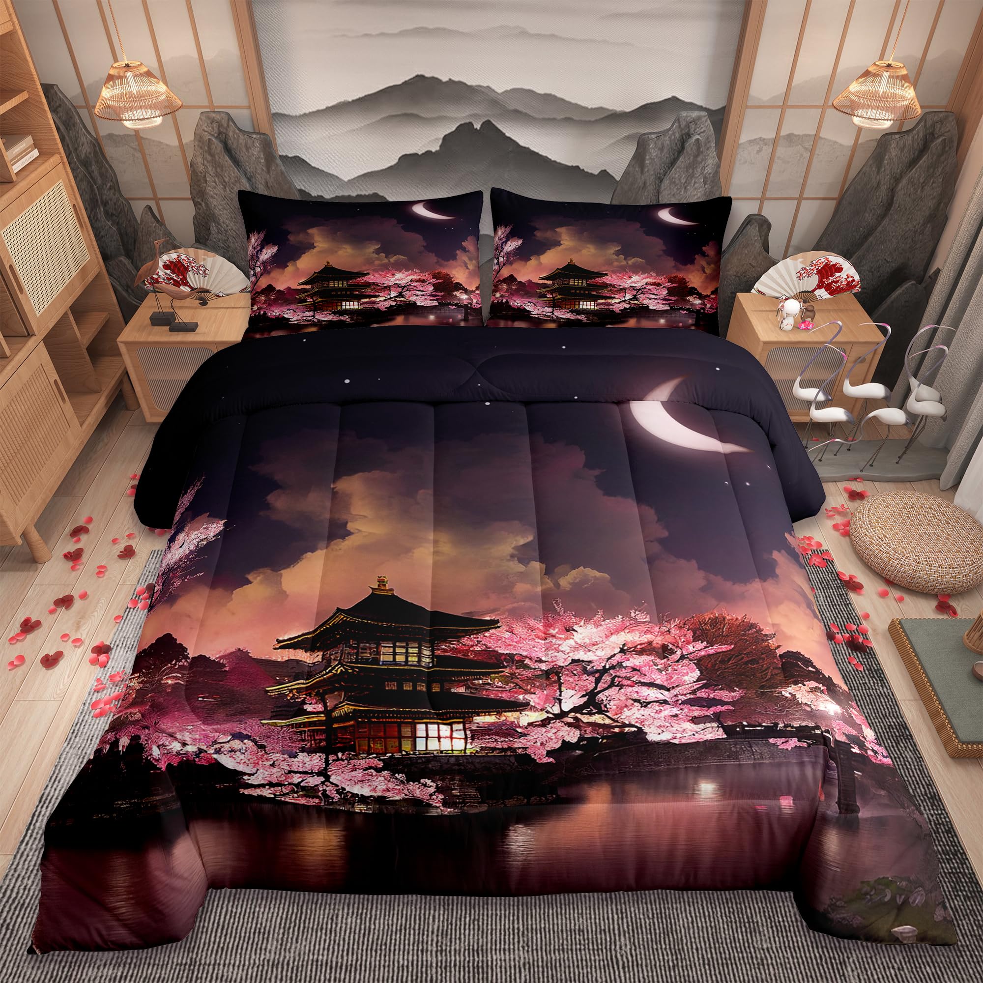 Japanese Style Comforter Set King Size Moon Cherry Blossom Bedding 3pcs