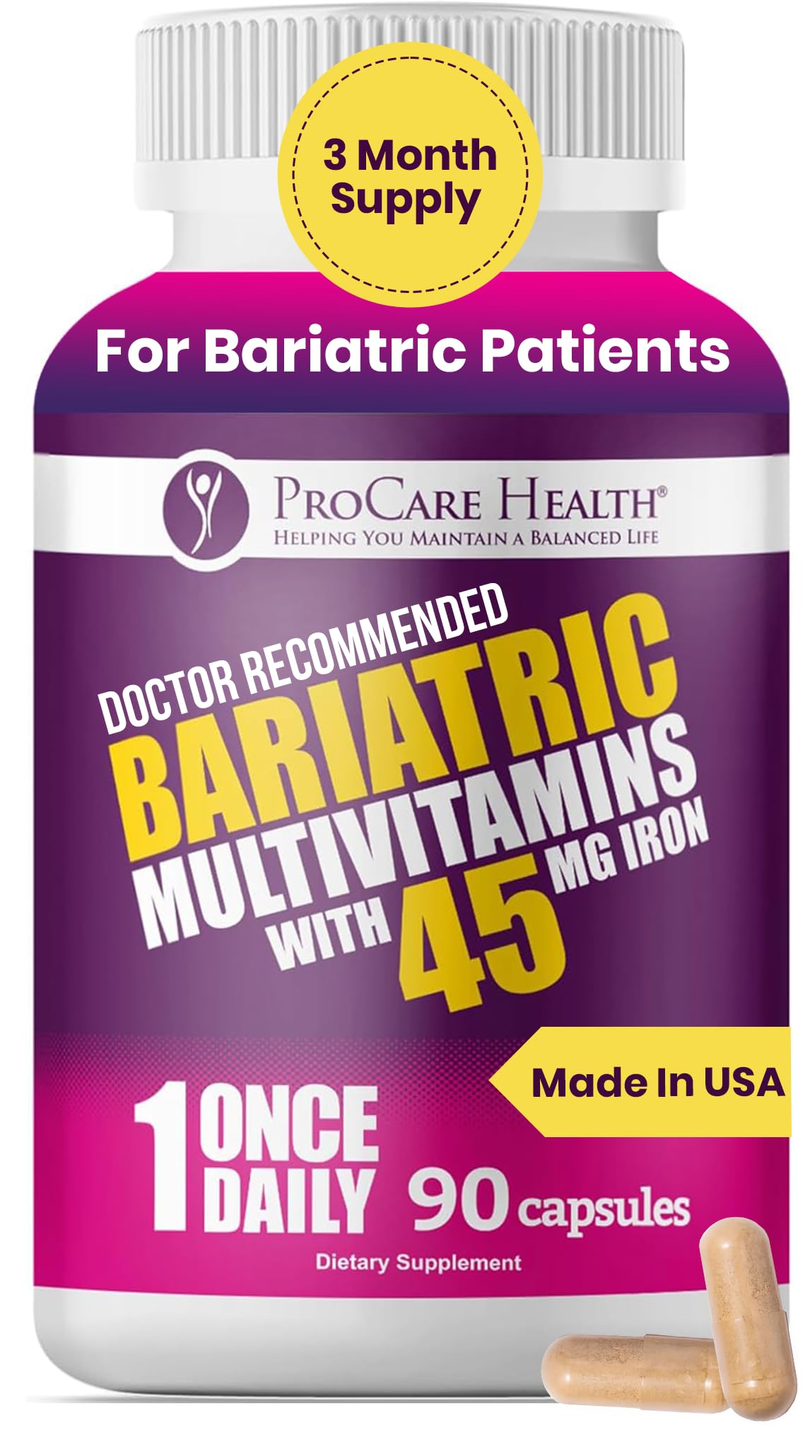 ProCare Health Bariatric Multivitamin with 45mg Iron – Once Daily Capsule for Gastric Bypass