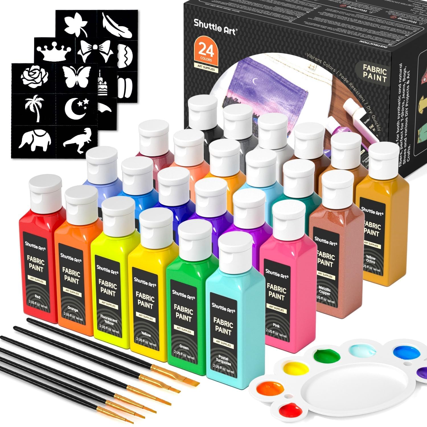 Shuttle Art Fabric Paint 24 Colors Permanent Soft Fabric Paint in Bottles