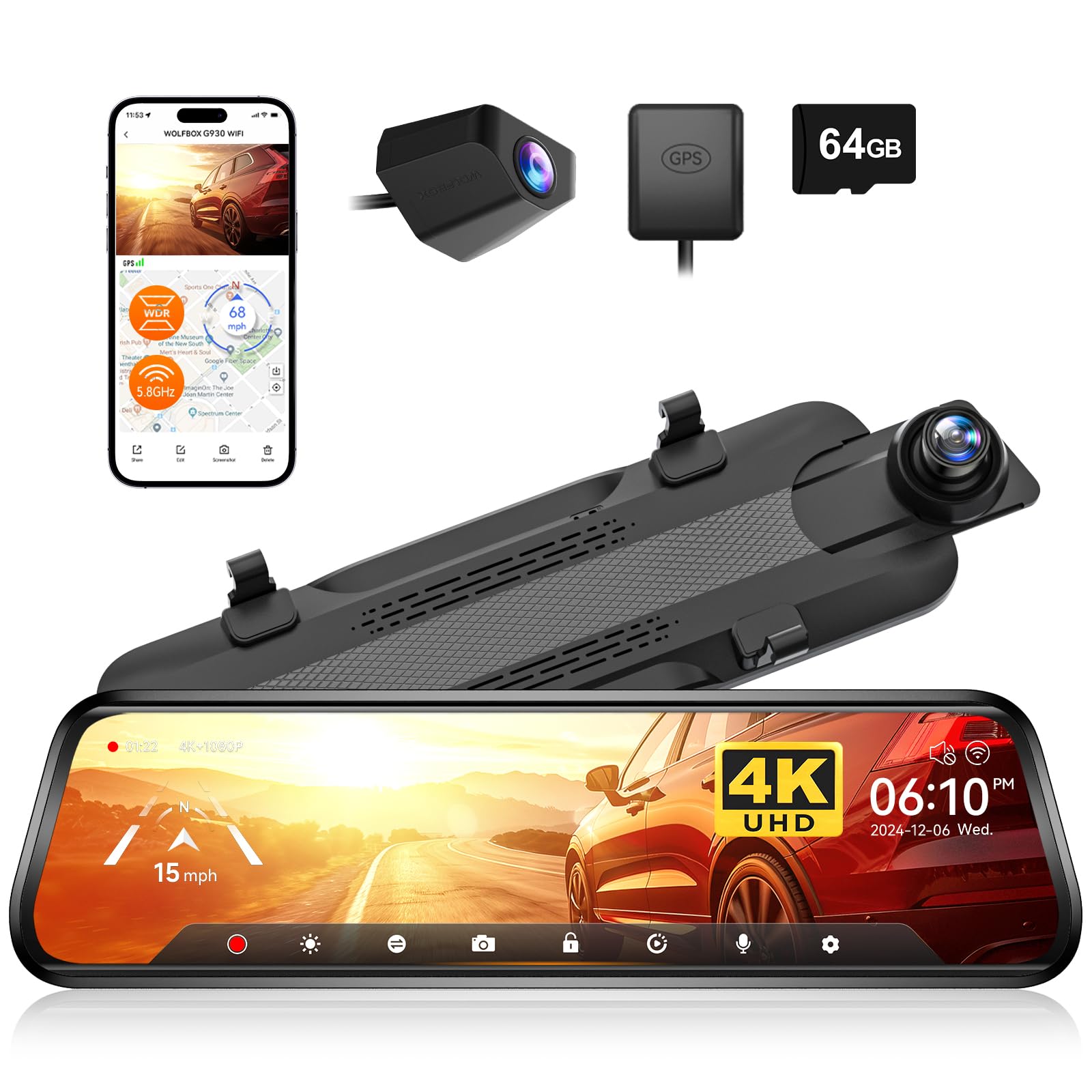 WOLFBOX G930 10'' Rear View Mirror Camera with 5.8GHz WiFi