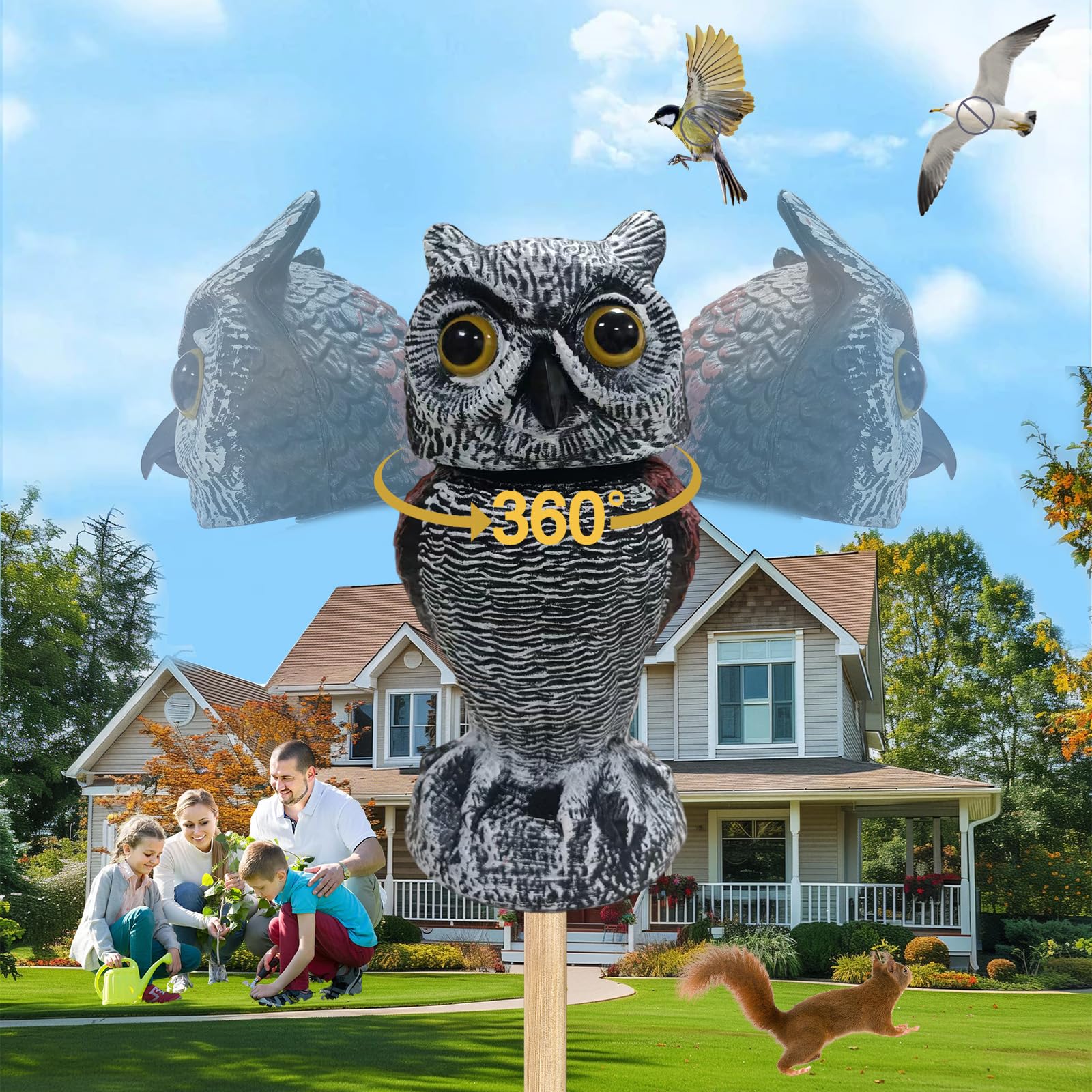 Fake Owl Decor - Rotating Head Garden Scarecrow for Outside Orchard Farm